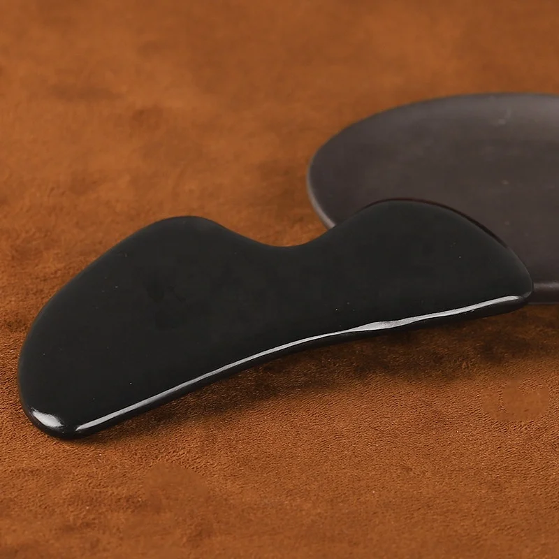 Face Body Guasha Massager Bian Stone Gua Sha Stone For Facial Original In Black B Shape Gua Sha Tool  with Ridges GuaSha Stone