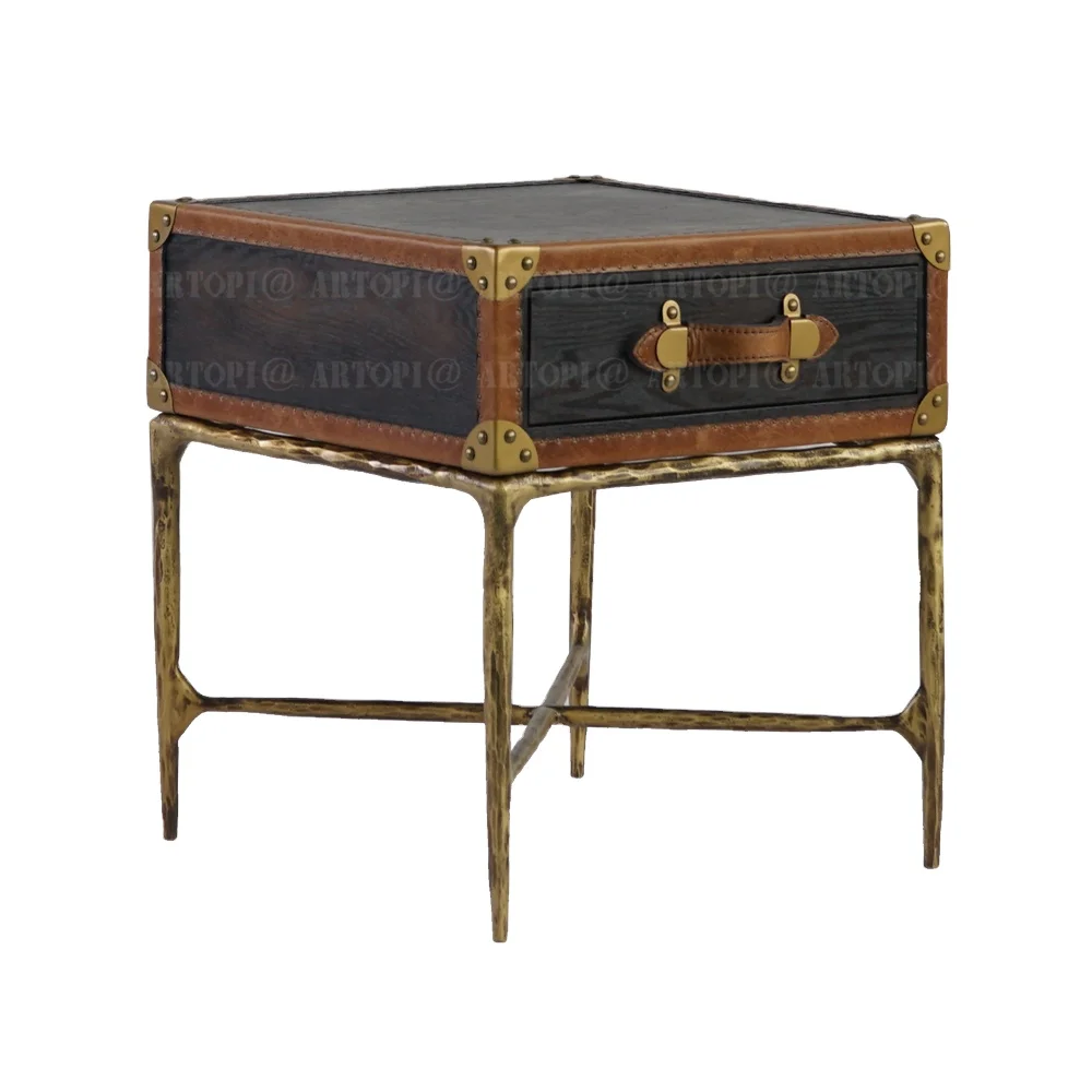 Hand Forged Wood Metal Iron Frame and top grain leather edge Living Room Side Table