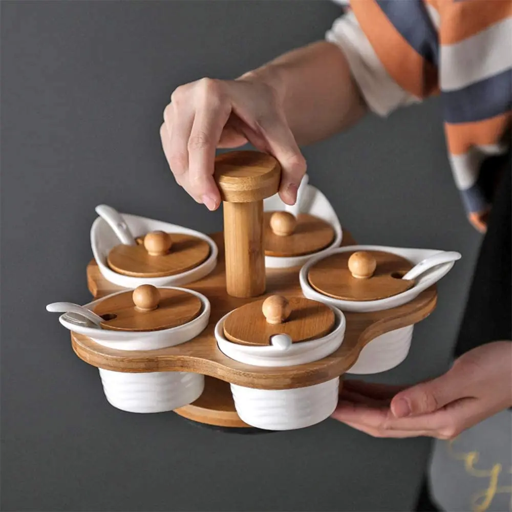 Ceramic Condiment Jars Set with Spoons & Bamboo Lids Spice Pots Containers with Rotatable Wooden Serving Rack