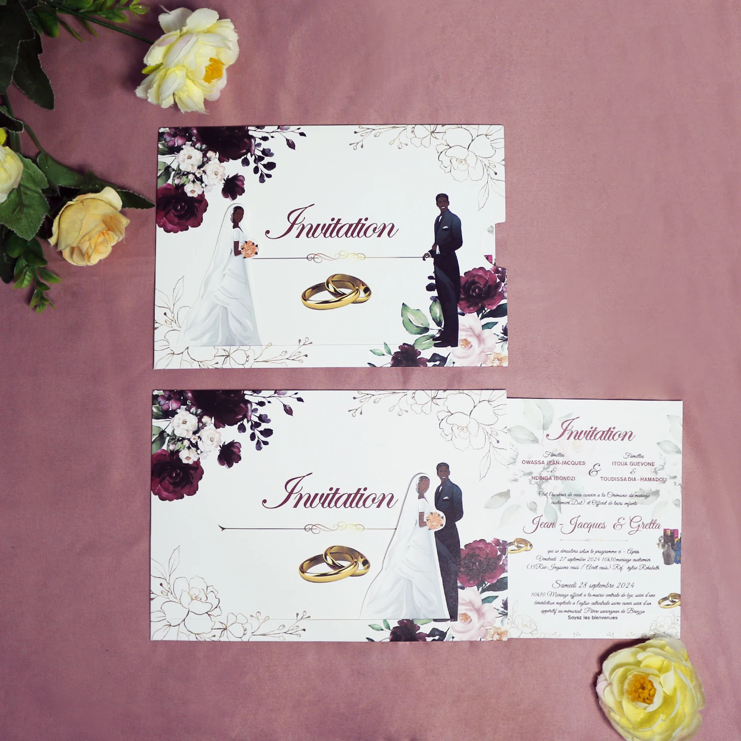 Floral Sliding Wedding Invitation Cartoon Image Bride Slides Towards to Groom Slider Wedding Card with Envelope Pocket