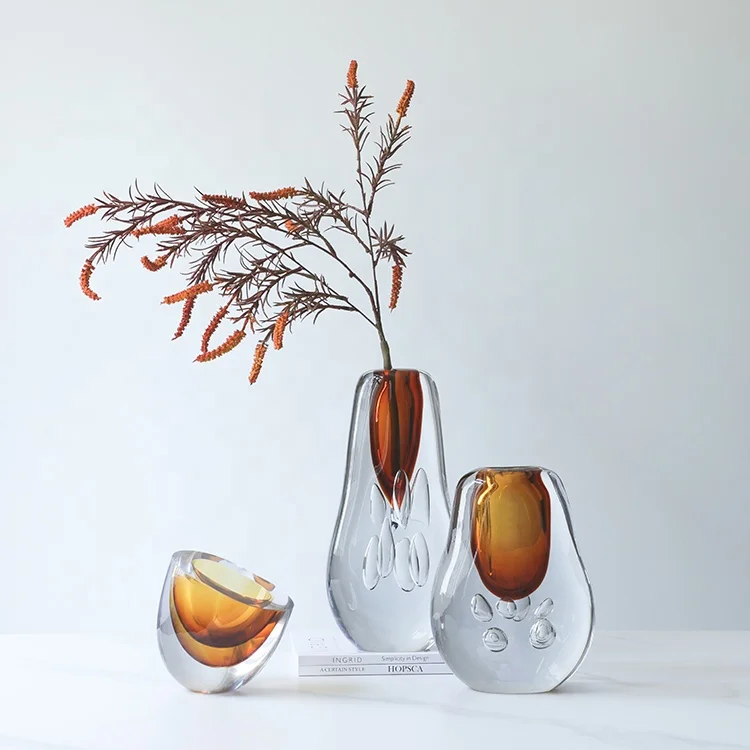Bixuan Handmade Mouthblown Art Glass Vase Ripple Layering Amber Solid Color Table Decor Centerpieces Thick Glass Vase, 14cm
