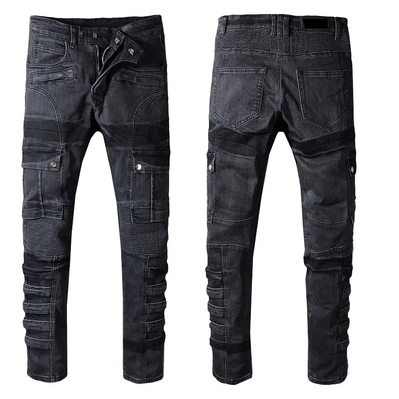 
New France Style #1057# Mens Ripped Stretch Cargo Pockets Moto Pants Washed Biker Black Jeans Slim Trousers Size 29-42 men denim  <span style=