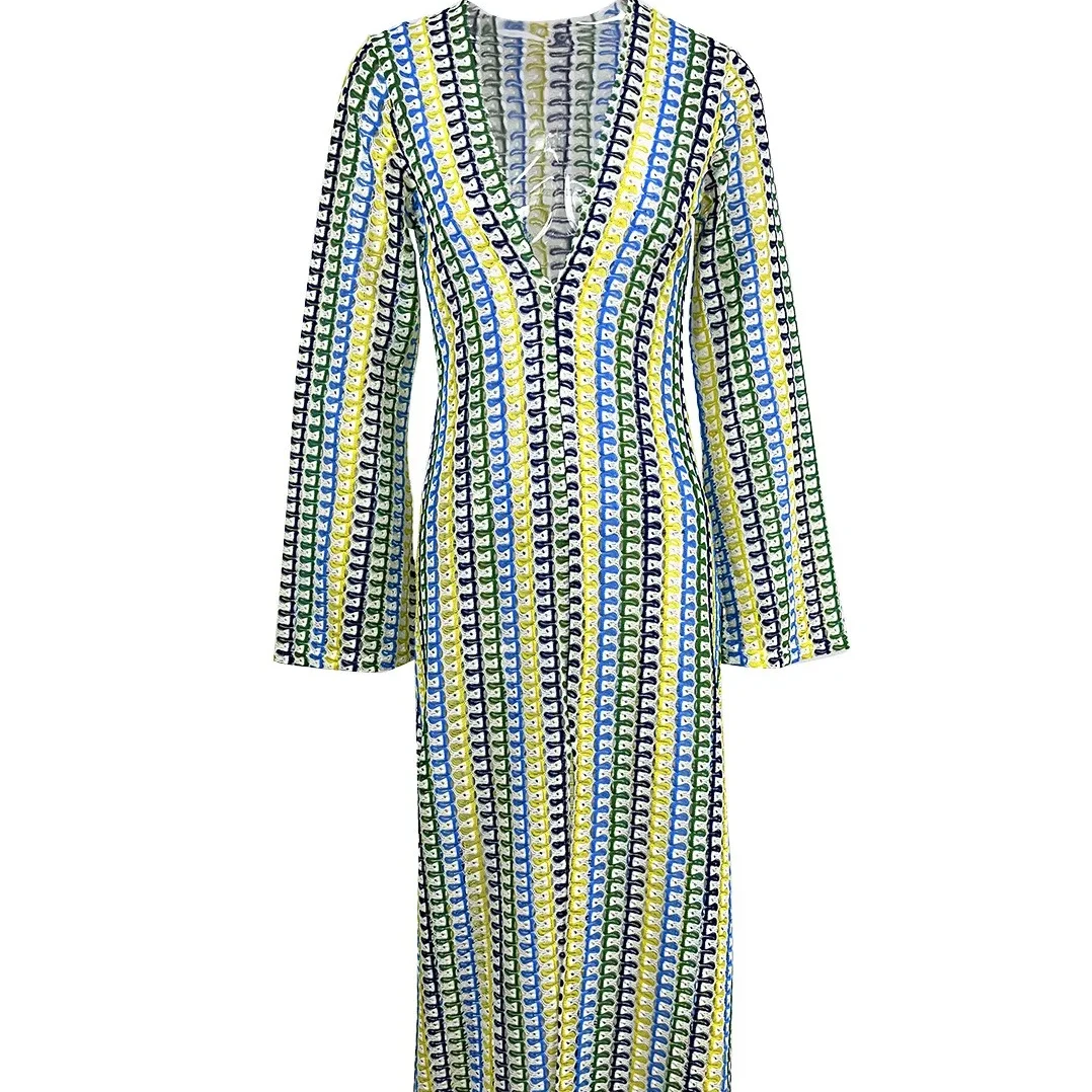 Women Knit Split Flare Sleeved Maxi Dress Elegant Fashion Sexy Deep-V Hooked Crochet Robes Female Club