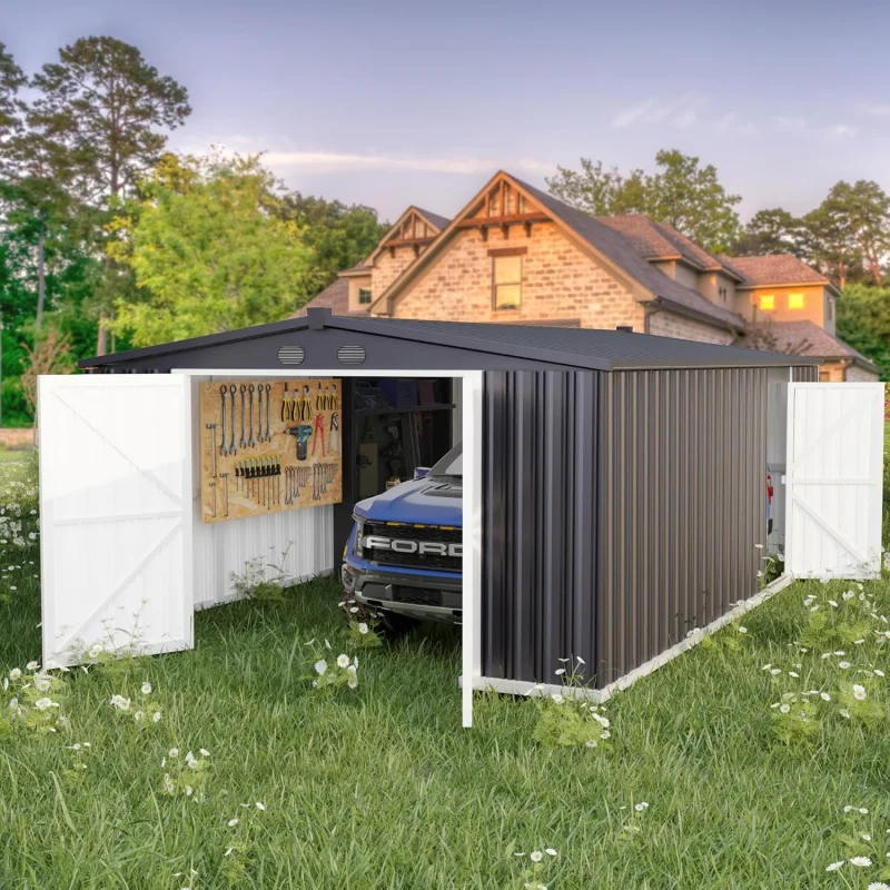 Outdoor Shed House with Open-Door Metal Storage Garden Shed for Tools Gear Car Truck Bike Lawnmower