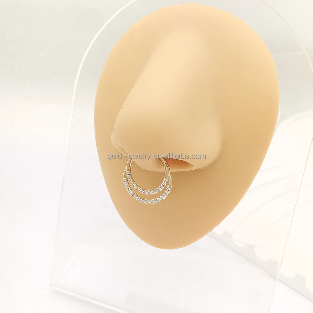 14k Solid Yellow Gold Piercing Jewelry Hoop Zircon Nose Rings Cute Design Fine Jewelry