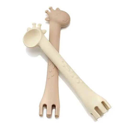 
Hot Sale New Product Kids silicone Baby Training Spoon, Food Grade Silicone Giraffe Teether Feeding Spoon & Fork 2-in-1 