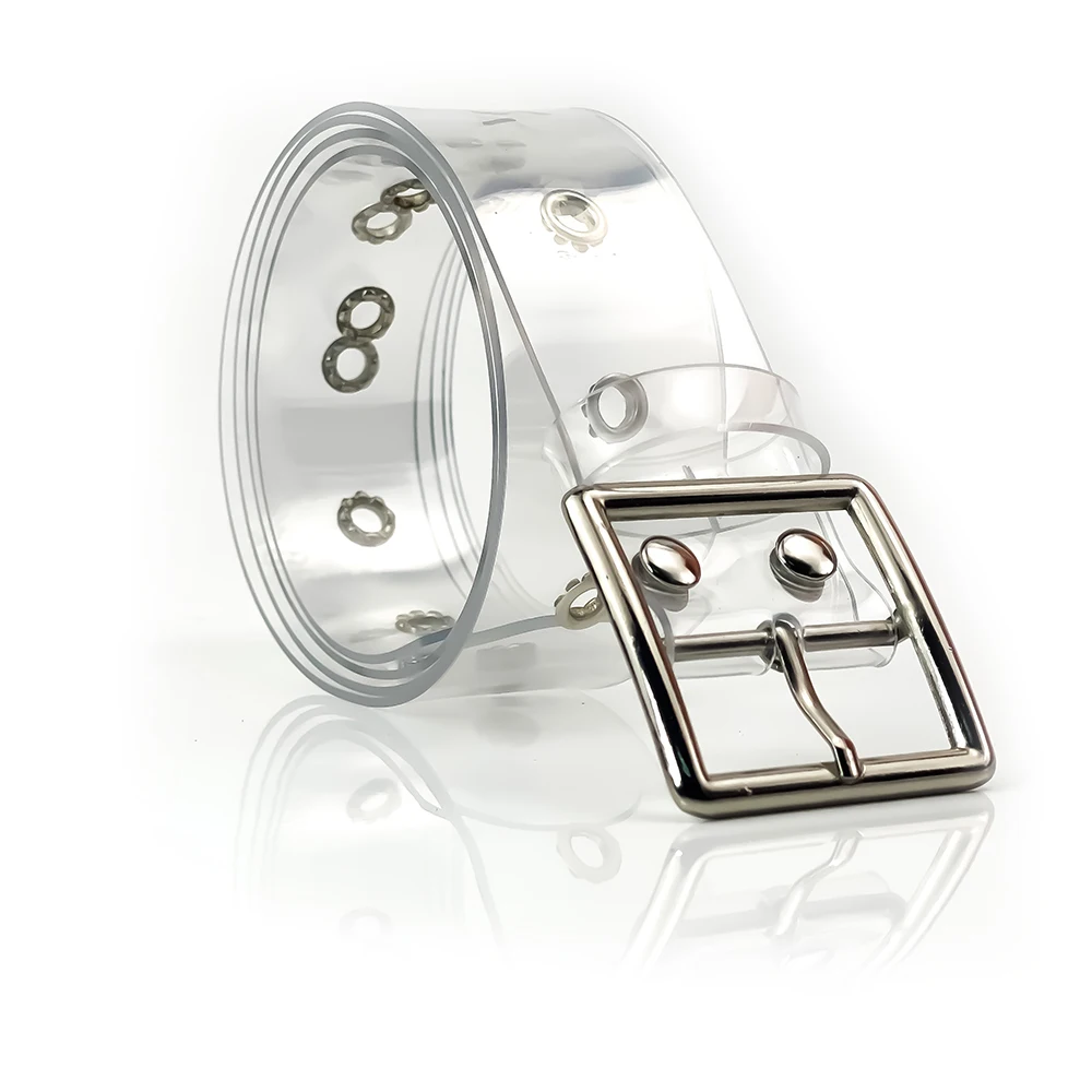 Women Transparent Belt Iridescent Single Grommet Waist Belt PVC Belt with Round Cat Buckle for Jeans Pants Dresses