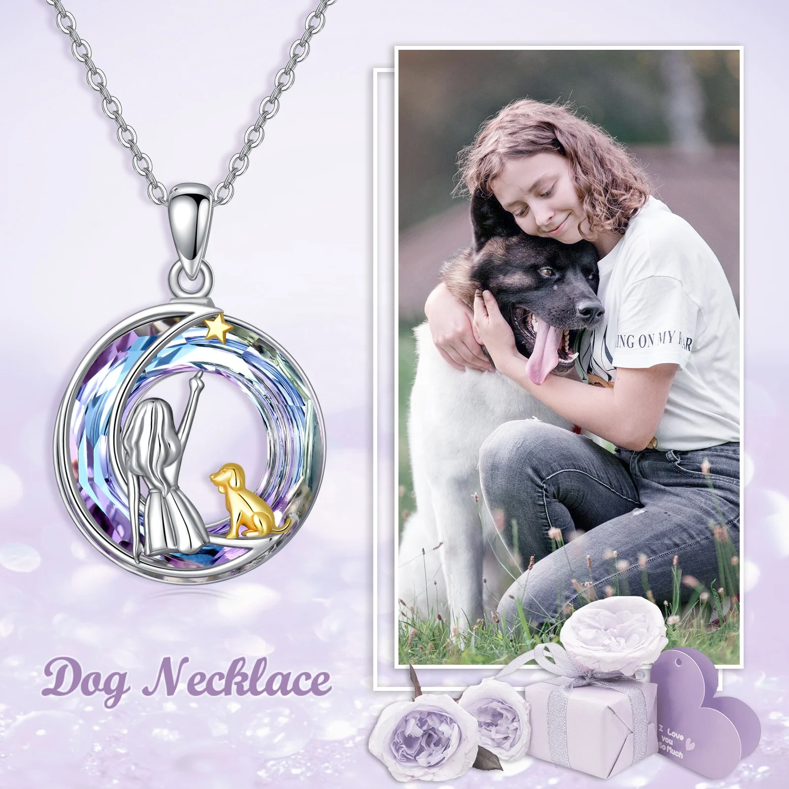 YFN Jewelry Pet Design 925 Sterling Silver Two Tone Dog and Girls Colorful Crystal Necklace
