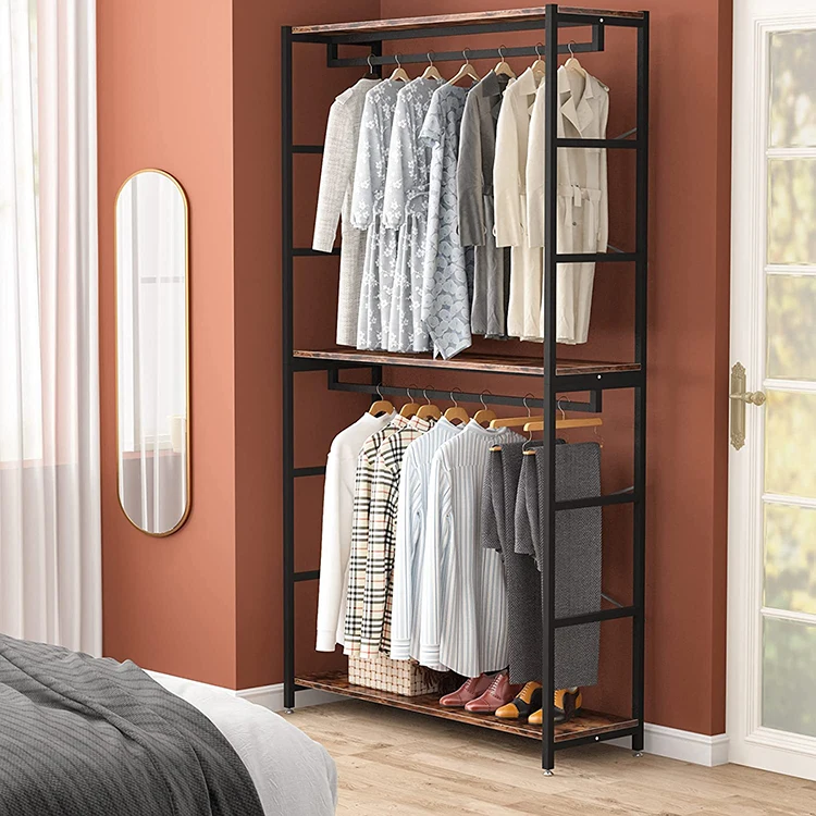 Vekin Multipurpose Metal Coat Clothes Rack Large Double Storage Closet Organizer 3 Tiers Clothing Storage Shelves