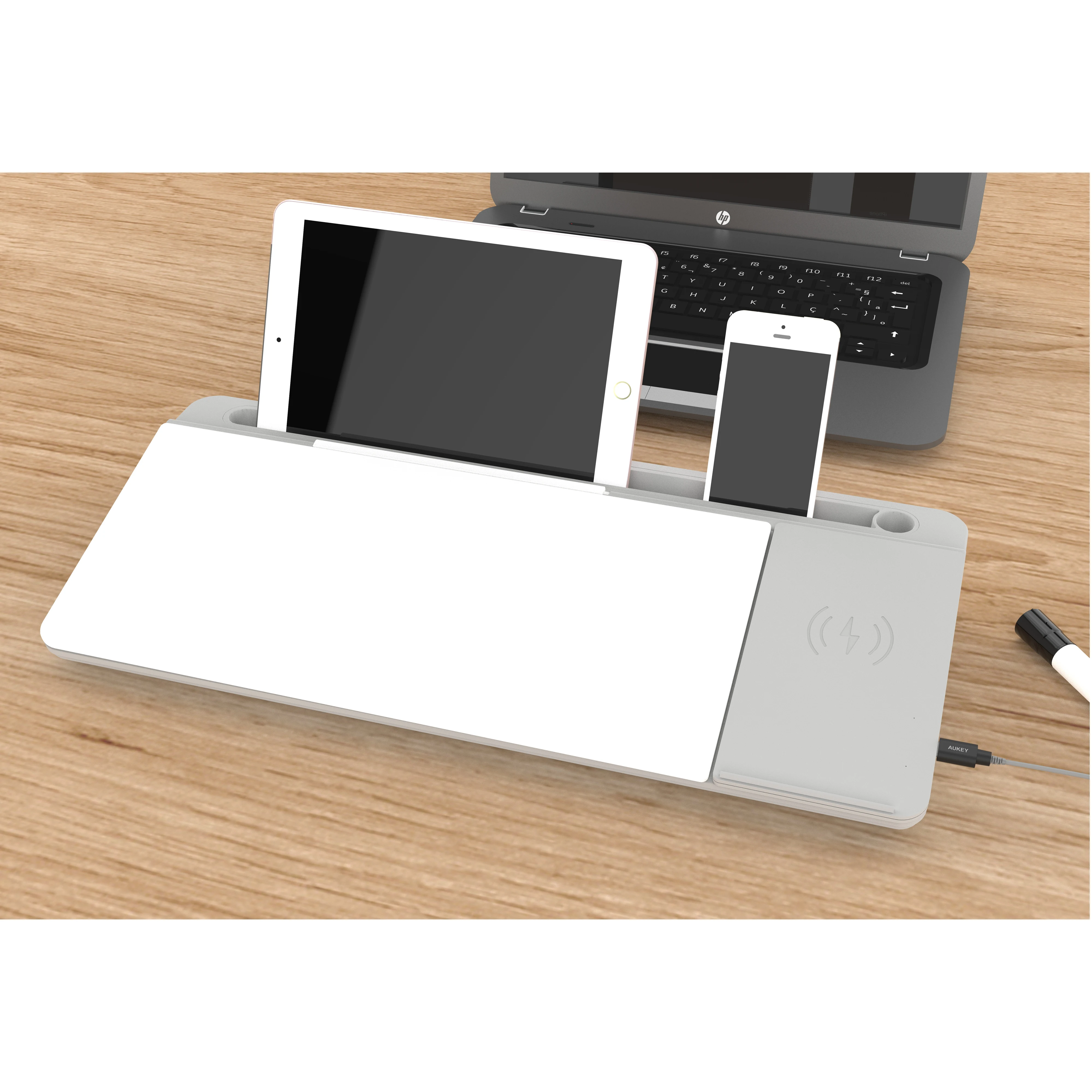 Small Desktop Glass Whiteboard with Wireless Charger Station, Storage Organizer Dry Erase Pad ,40x15cm