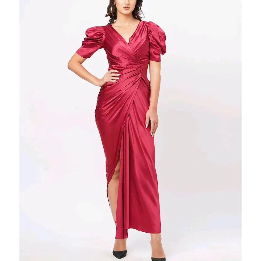 Supplier Custom 2024 Latest Designs Satin Puff Sleeve Long Dress Women Woven Fabric Natural Waistline Pattern Simple Fits