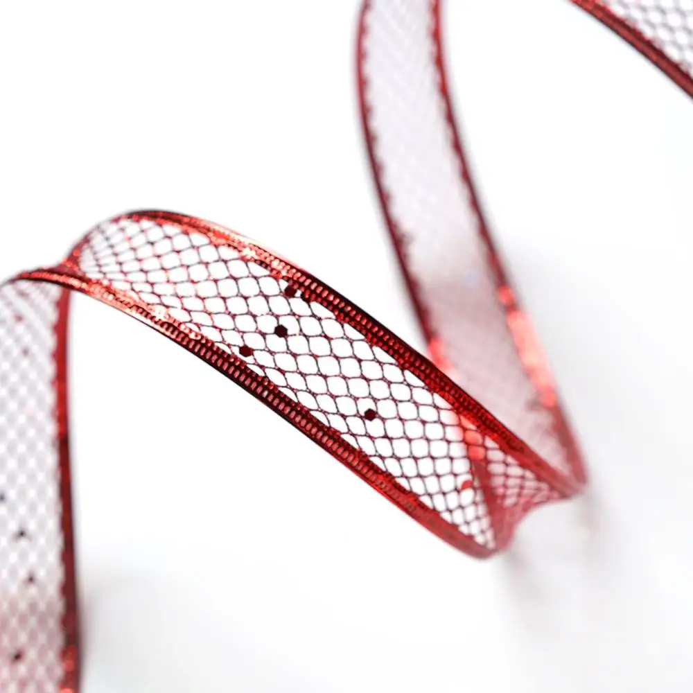 Bulk Red Metallic Flowers Wire Edge Mesh Wired Ribbon