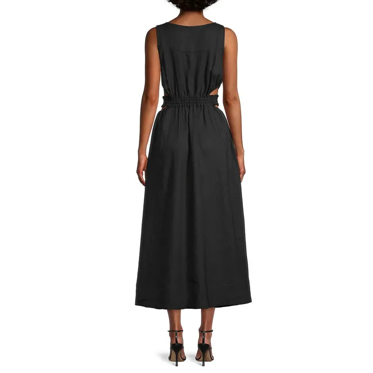 OEM Plus Size Cut Out Gather Waist Pullover Cotton Linen Blend Dinner Dress for Normcore Minimalist Dresses