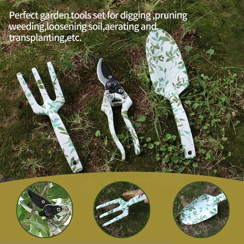 Woman Aluminium Metal Floral Printed Garden Hand Tools Set With Trowel Fork And Pruner as a Nice Gardening Gift  for women