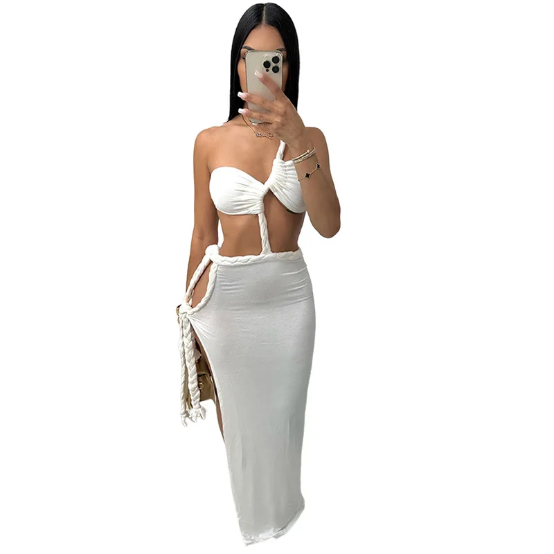 2024 Summer New Sexy Open Back Splitting Tie Up Irregular Style Dress for Women