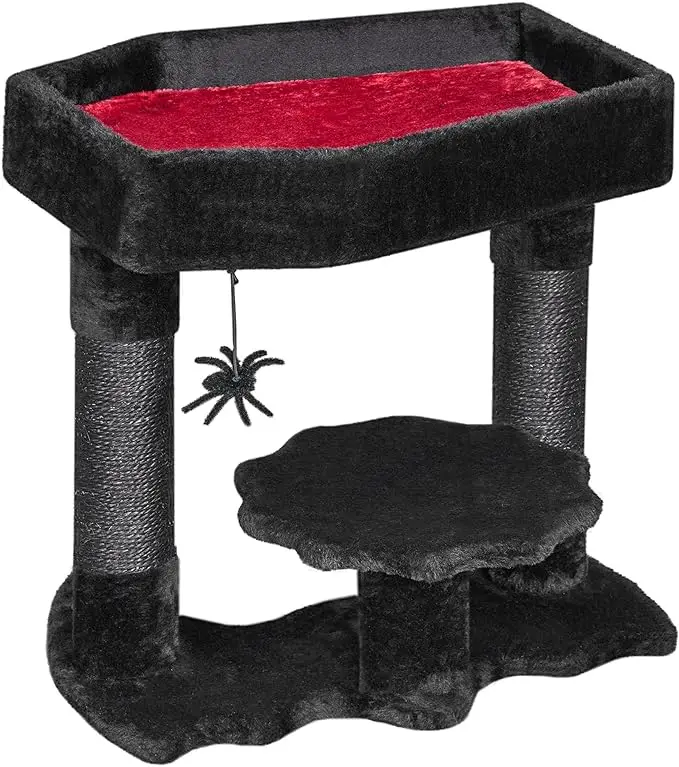 Black Cats Halloween Cat Tower: Coffin Bed, Spacious Condo, Scratching Posts, Spider Toy. Gothic Pet Furniture