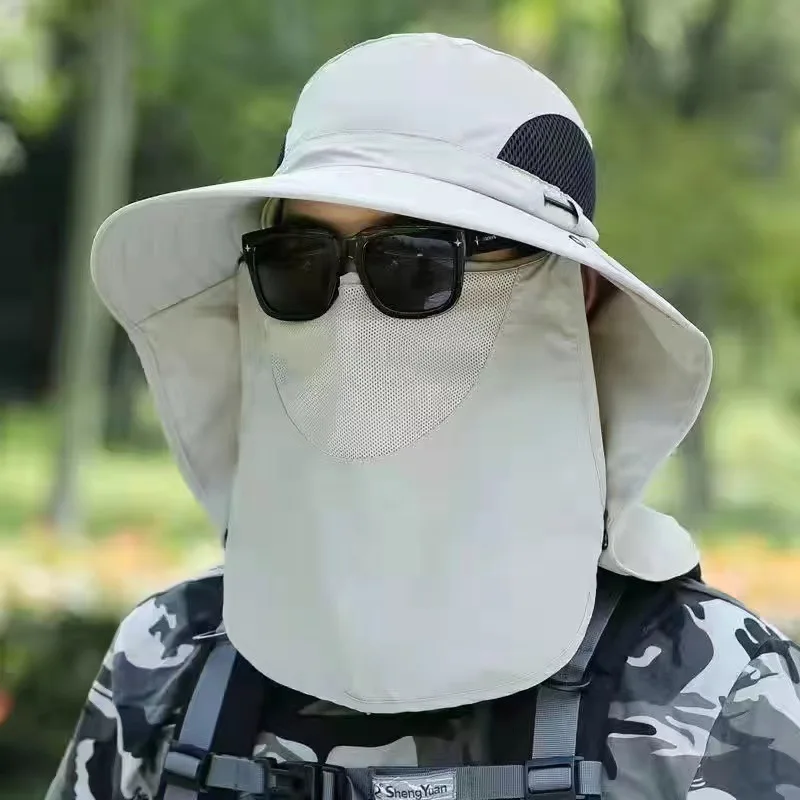 Outdoor UV Protection Sun Hats Couples Light String Bucket Fishing Bucket Hat with Face and Neck Cover for Men Sports Caps Plain