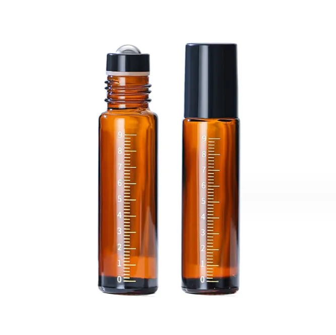10ml Mini round Amber/Brown Glass Roll-On Bottle Essential Oil Container with Steel Roller and Black Cap for Cream Packing