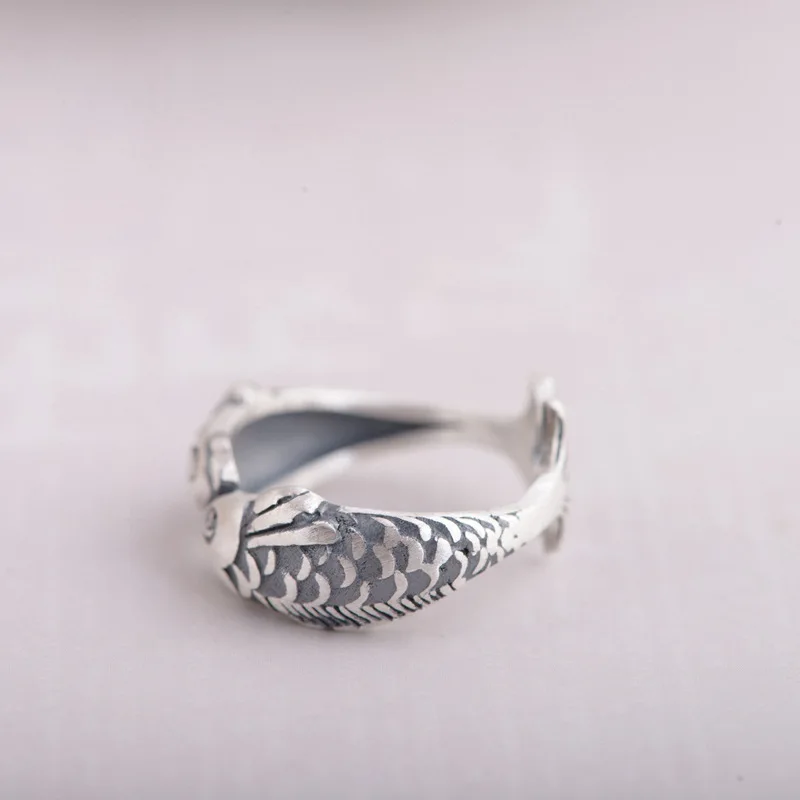 Retro Thai silver 925 sterling silver small goldfish Double fish ring 2022 new versatile girl favorite