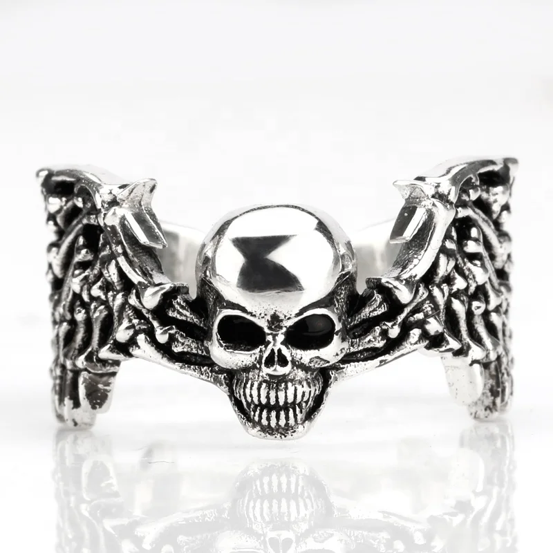 925 Sterling Silver Skull Men Ring Big Boss Terminator Black Angel Devil Evil Eyes Biker Punk Ring for Men Fashion Jewelry