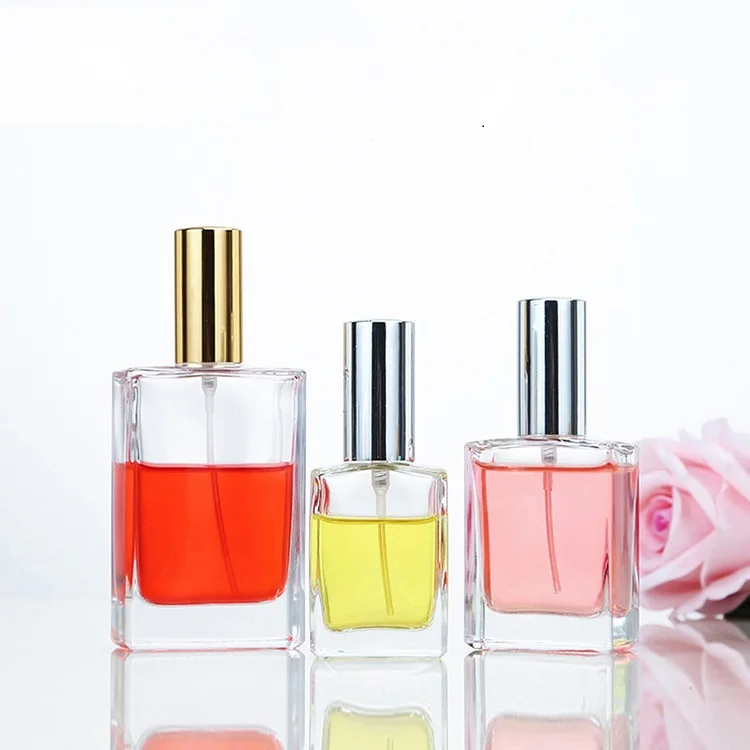 Wholesale Hot 30ml 50ml 100ml Luxury Transparent Clear Empty Glass Rectangular Perfume Bottle with Gold Silver Spray Pump