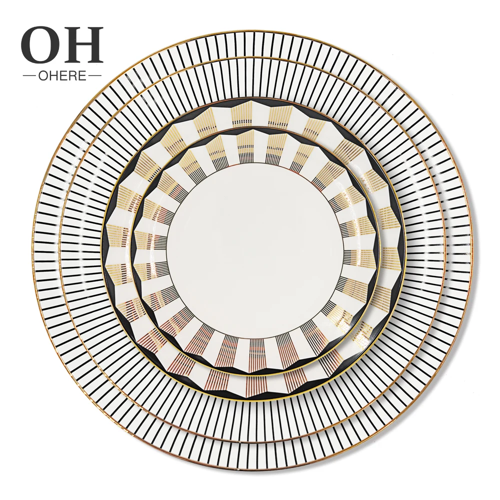Luxury Charger Plate Golden Lines design Restaurant Festival On-glazed Ceramic Flatware Sets Wedding Elegant Dinner Dishes