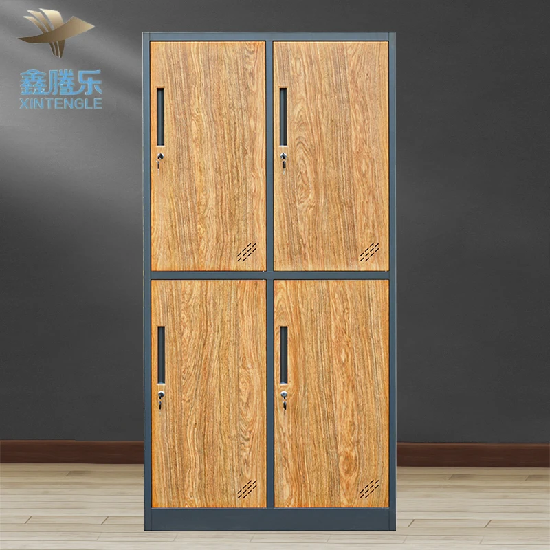 High Quality 4 Door Red Wood Grain Metal Locker Wardrobe Office Transfer Suitable Bedroom Storage Furniture for Home Use