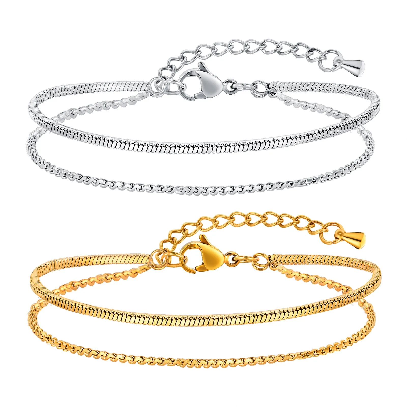 Wholesale European And American Gold Jewelry Stainless Steel S Chain Square Snake Chain Double Layer Bracelet