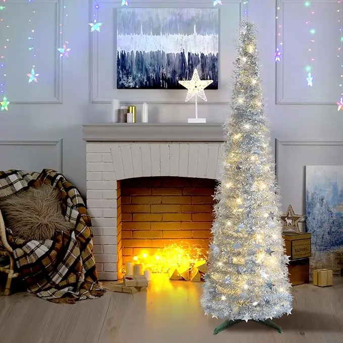 Ourwarm New Arrival PVC Flocked Snowflake Foldable Telescopic Christmas Tree Pop-up LED Christmas Tree