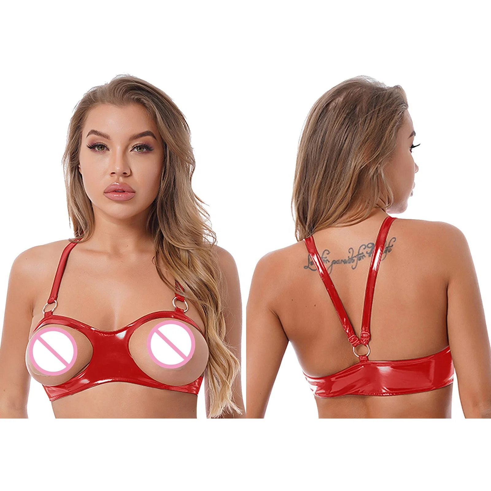 Sexy Womens Wet Look Patent Leather Adjustable Straps O Ring Crop Top Lingerie Underwear Open Cup Bra Tops