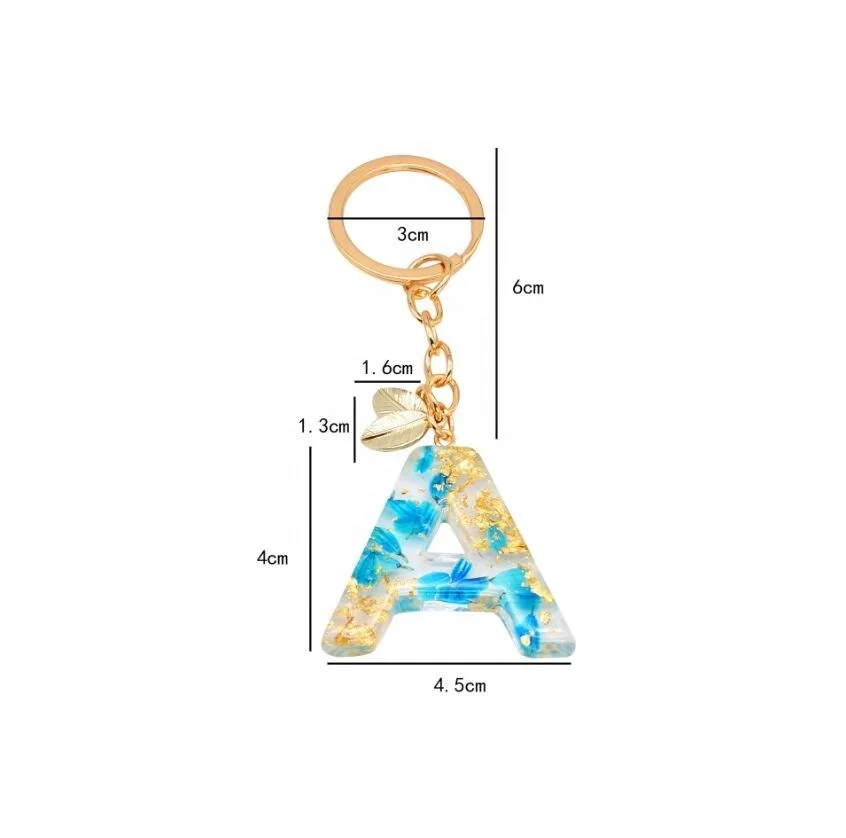 Personality Transparent Acrylic Gold Foil Alphabet Key Chain Crystal Pressed Dried Flower Letter Pendant Ring Charm Bag DIY