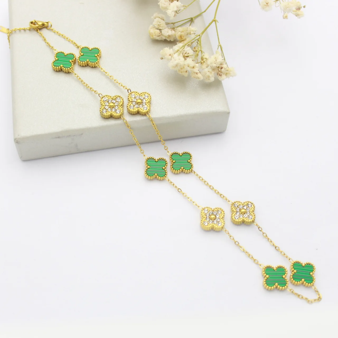 WY Popular 10 Flower Full Diamond Double-sided Four-leaf Clover Necklace Luxury Fashion Jewelry Pendant Stainless Steel Necklace