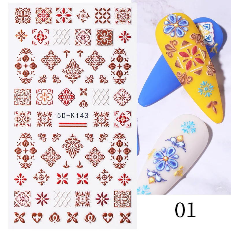 5D Simple Flowers Nail Embossed Stickers Wedding Design Adhesive Sliders Summer Textured Engraved Decoration