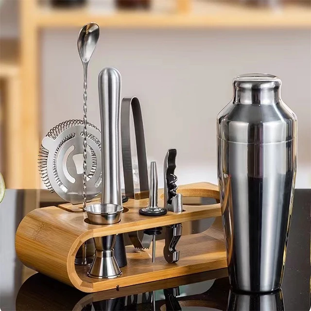 Amazon hot selling 304 Metal Bar Tools Bartender Kit Stainless Steel Cocktail Shaker Set With Bamboo Stand