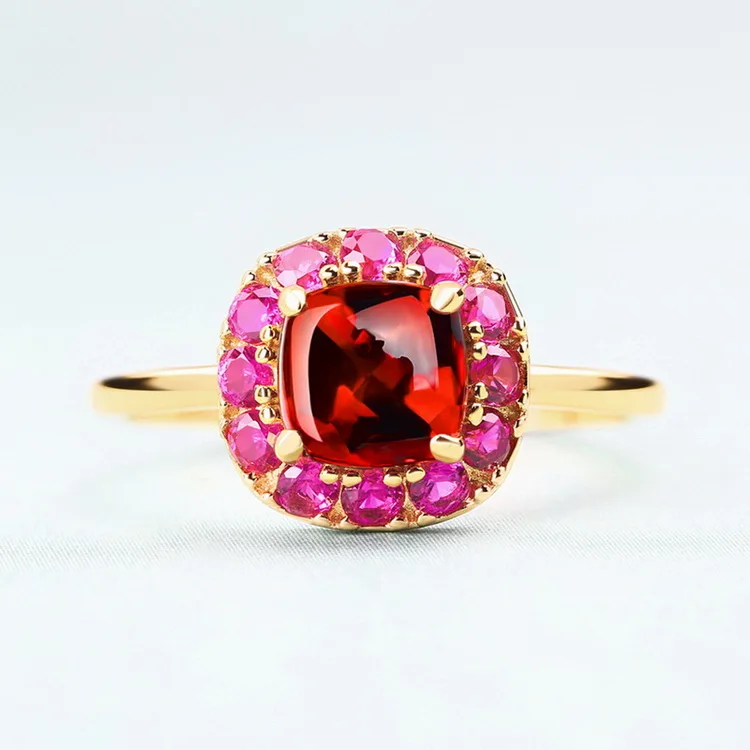 Natural Garnet Gold Plated Silver Resizable Charming Ring Red Gemstone Carbuncle Rings