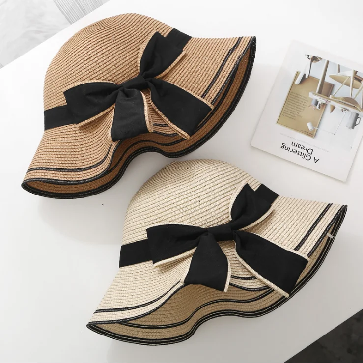 Mother and daughter summer travel sun protection hat bow straw hat bucket hat
