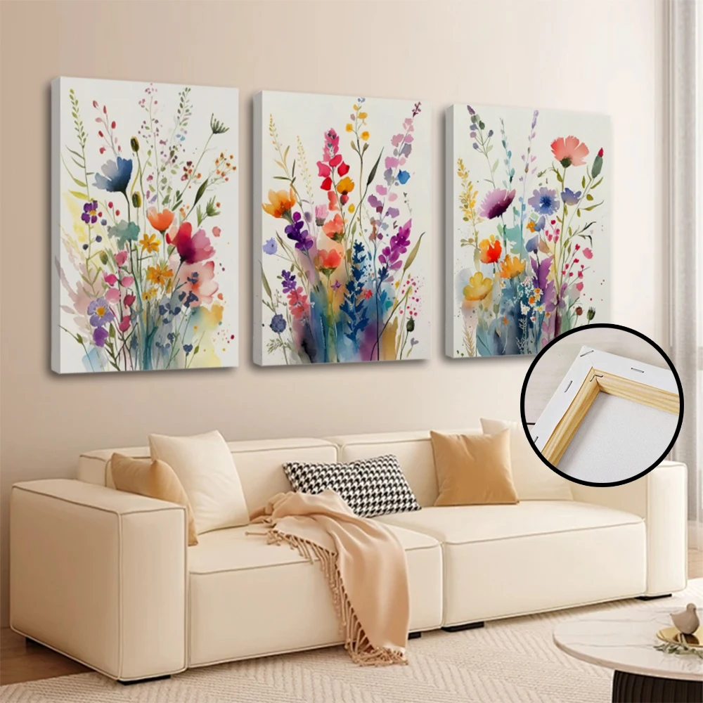 Modern Home Decor 3-Piece Set Beautiful Colorful Flowers of the Field Paintings Decorative Wall Art Wall Panels