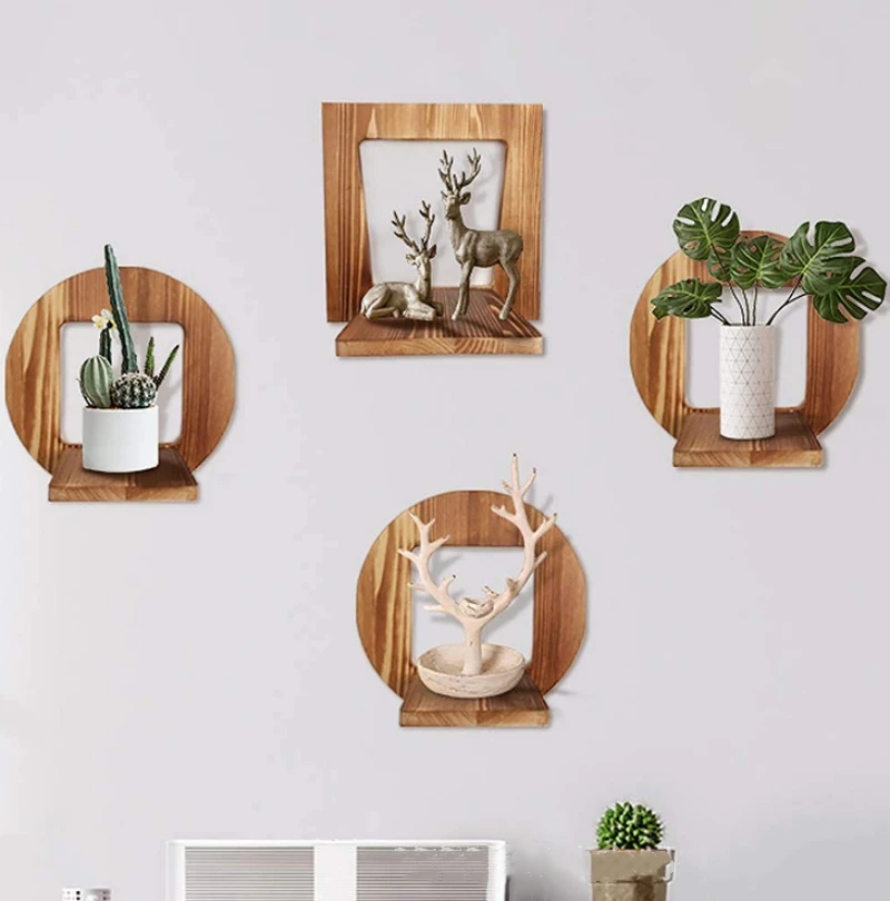 Rustic Simple Indoor Hanging Plant Shelves Flower Pot Wall Shelf Rack Wooden Floating Shelves For Wall Decor