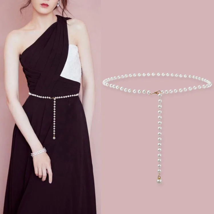 Retro Simple Imitation Pearl Single Layer Girdle Belt Sexy Fashion Dress With Waist Chain Women