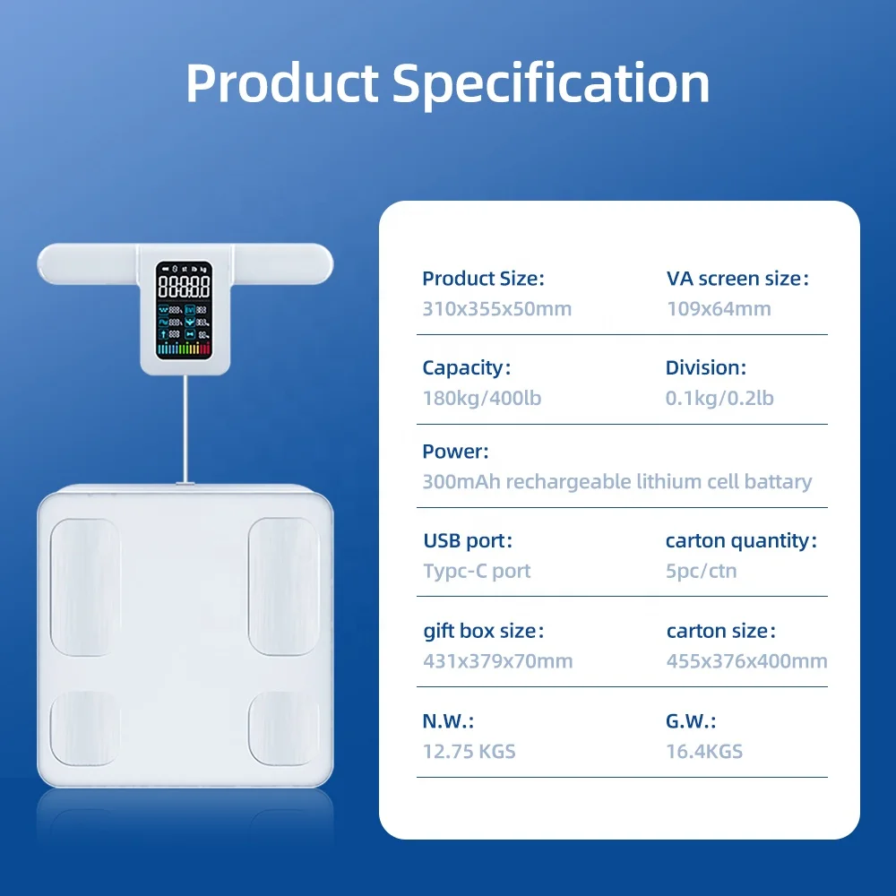 VA Screen Smart Digital Scale 8 Electrodes Bio-impedance Fat Body Smart Scale With App
