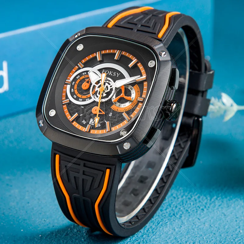 OEM ODM Custom Logo High Quality Silicone Strap Fashion Alloy Wrist Luxury Square Men Quartz Chronograph Watch For Men