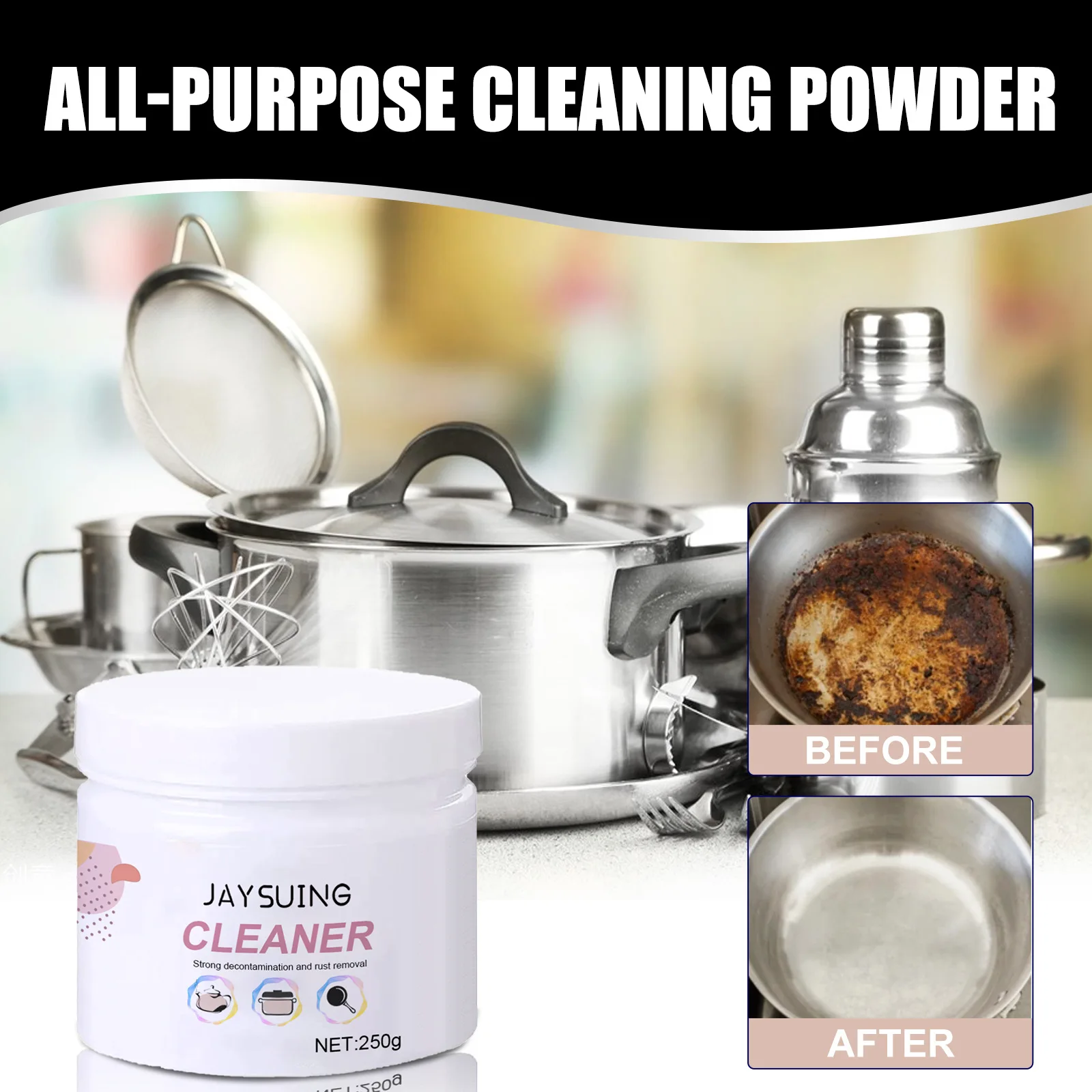 Jaysuing Powerful All-purpose Kitchen Cleaner Rust Heavy Oil Remover Cleaning Powder Stainless Steel Cookware Cleaning Powder