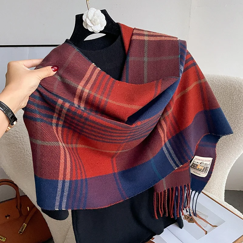 Custom Logo Female Autumn And Winter Vintage Plaid Tassel Stylish Double Sided Cashmere Warm Shawl  Versatile Student Scarf