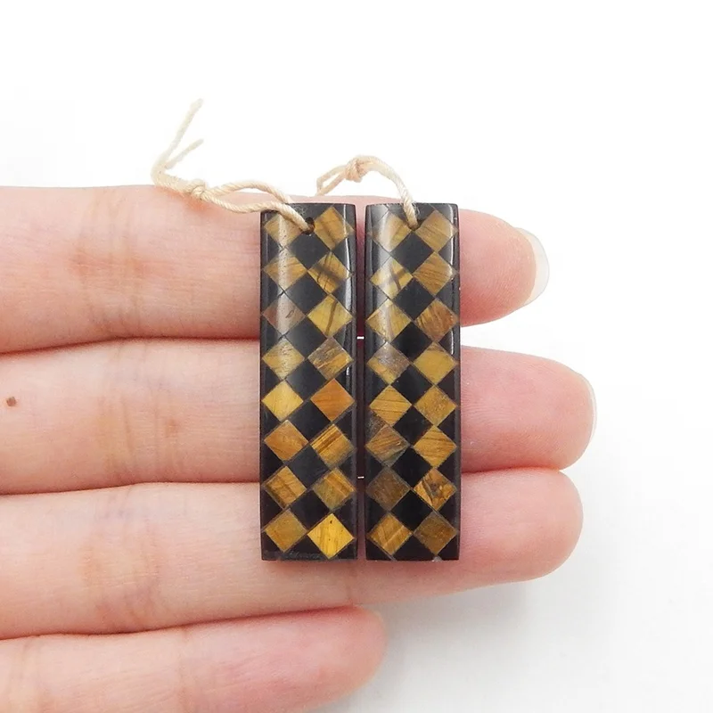 Women Unique Mosaic Pattern Earrings Pendant Gemstone Tiger eye and Obsidian