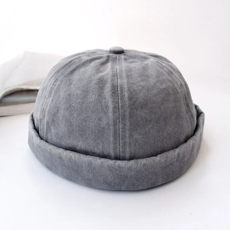 Hip Hop Men Headwear Brim Rolled New Stylish 6 Panels Hippie Washed Cotton Denim Melon Bonnet Docker Landlord Brimless Cap Hats