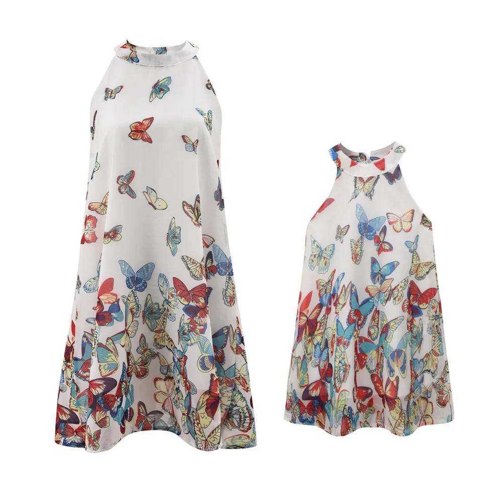 
Kids Clothes Summer Casual Mommy And Me Dresses Family Dress Sets Butterfly Print Halter Sleeveless Loose Mama And Me Outfits 