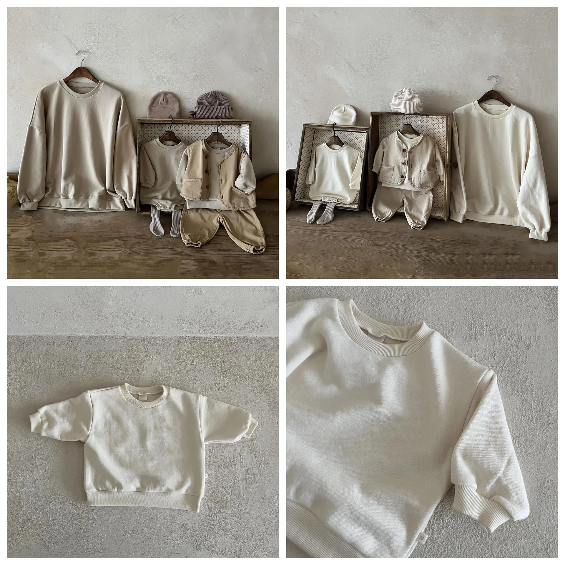 Unisex adult kids family matching clothes sweatshirt loose long sleeve top solid color mommy and me baby outfits Sets