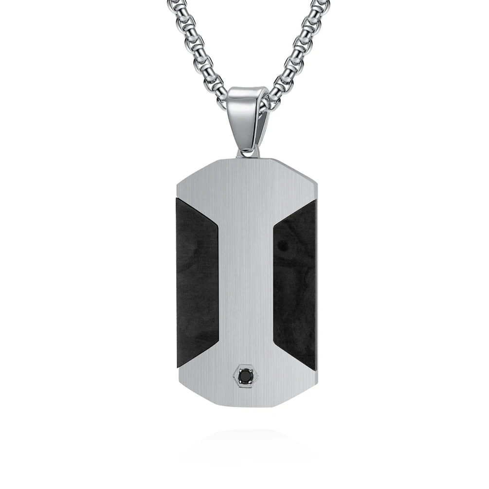 Alin Stainless Steel Black Carbon Fiber Inlay Necklace for Men Cz Stone Pendant Custom Jewelry For Him
