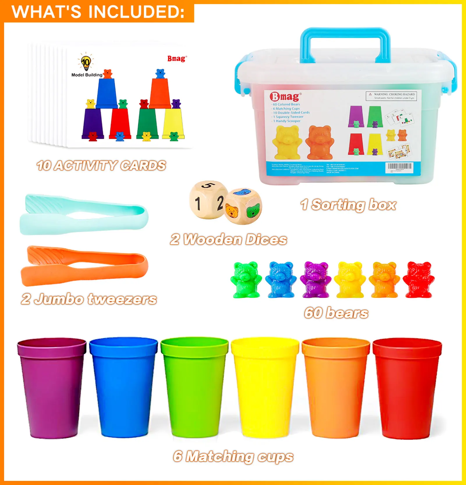 Counting Bears with Stacking Cups - Montessori Educational Sorting Rainbow Toys for 3 Year Old Boys and Girls