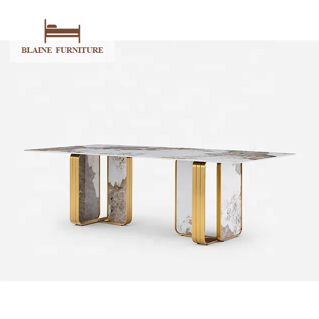 High Quality Price Brass Leg Marble Top Dining Table Set 6 Seater Chair Modern Luxury Marble Metal Dining Tables